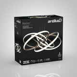 A black box featuring the Artika Maelstrom LED pendant light. The packaging displays an image of the modern, intertwined ring-shaped light fixture and key features such as 1400 lumens, LED tech, and a 50,000-hour lifespan.