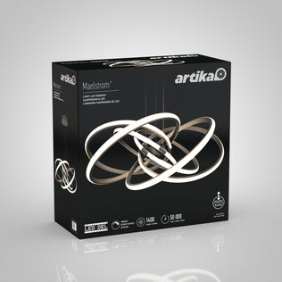 Black box packaging for the Artika Maelstrom LED pendant light, showcasing an image of the modern circular fixture with illuminated rings. Product icons and key details are displayed at the bottom.