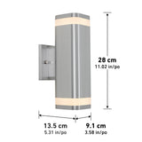 Brushed metal wall sconce light with two illuminated bands at top and bottom; dimensions are 28 cm (11.02 in) high, 13.5 cm (5.31 in) wide, and 9.1 cm (3.58 in) deep.