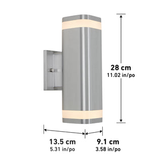 The Artika Mettle LED indoor-outdoor wall light features brushed stainless steel, two frosted bands, and modern style. Dimensions: height 28 cm (11.02 in), width 9.1 cm (3.58 in), depth 13.5 cm (5.31 in).