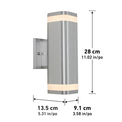 The Artika Mettle LED indoor-outdoor wall light features brushed stainless steel, two frosted bands, and modern style. Dimensions: height 28 cm (11.02 in), width 9.1 cm (3.58 in), depth 13.5 cm (5.31 in).
