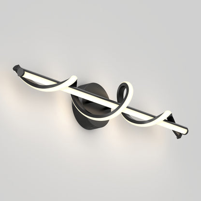 The Artika Coda modern LED bathroom vanity light 5 CCT features a black base and a smooth, spiral linear LED design, shown mounted on a light gray wall.