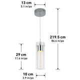 A cylindrical pendant light fixture with a clear outer shade and inner diffuser, shown with dimensions: height 29 cm, diameter 10 cm, canopy diameter 13 cm, and adjustable cord up to 219.5 cm.