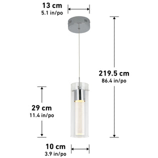 The Artika Essence LED pendant light features a modern cylindrical glass shade, measuring 29 cm (11.4 in) tall by 10 cm (3.9 in) wide, with a 13 cm (5.1 in) ceiling mount and a 219.5 cm (86.4 in) adjustable cable.
