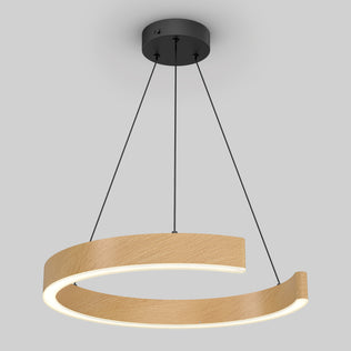 The Artika Vance modern LED pendant light features a wooden semi-circular ring suspended by three black cables from a round black ceiling mount, emitting a soft white glow along its inner edge and offering 3 CCT options.