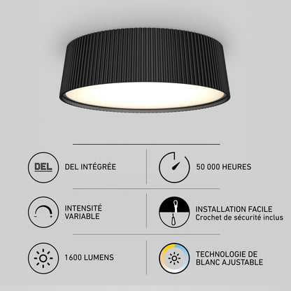 Groove 13 in. (33 cm) Modern LED Flush Mount Ceiling Light 5 CCT, a black ribbed LED light with 50,000-hour life, dimmability, and selectable color.