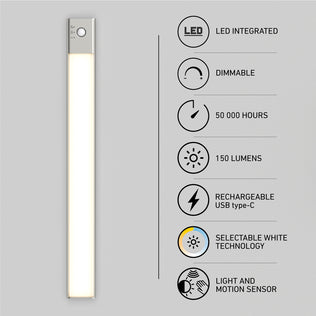 The Artika Outline under cabinet LED light 3CCT is a slim, rectangular fixture mounted on the wall, featuring integrated LEDs, dimming, 50,000-hour lifespan, 150 lumens, USB-C rechargeability, selectable white tones, and light/motion sensors.