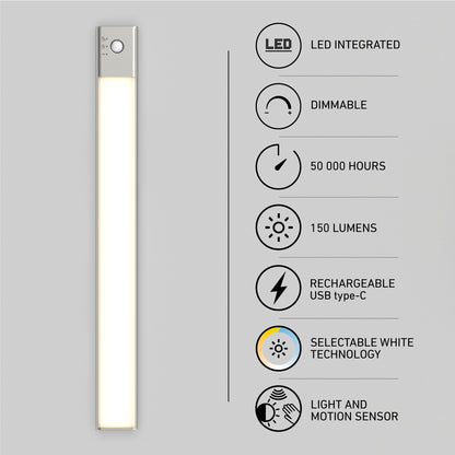 The Artika Outline under cabinet LED light 3CCT is a slim, rectangular fixture mounted on the wall, featuring integrated LEDs, dimming, 50,000-hour lifespan, 150 lumens, USB-C rechargeability, selectable white tones, and light/motion sensors.