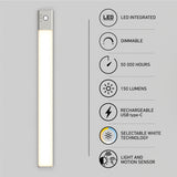 A slim, rectangular LED light mounted vertically on a gray wall is shown beside icons and text highlighting its features: LED integrated, dimmable, 50,000 hours, 150 lumens, USB-C rechargeable, selectable white, and light/motion sensor.