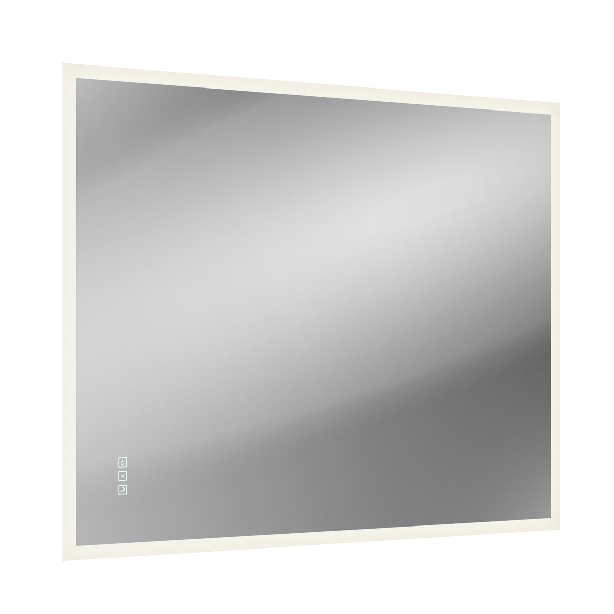 The Artika Mavis 48" x 36" Rectangular LED Mirror features a white frame, three touch buttons in the bottom left corner, and a built-in defogger, shown against a white background.