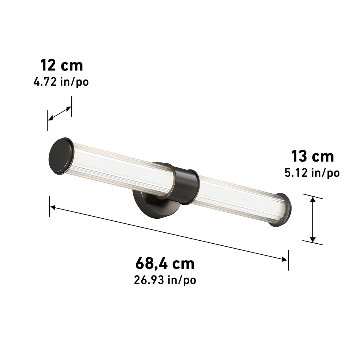 Wall-mounted light fixture with cylindrical horizontal glass shade, black metal base, and labeled dimensions: 68.4 cm (26.93 in) wide, 13 cm (5.12 in) high, and 12 cm (4.72 in) deep.