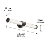 Wall-mounted light fixture with cylindrical horizontal glass shade, black metal base, and labeled dimensions: 68.4 cm (26.93 in) wide, 13 cm (5.12 in) high, and 12 cm (4.72 in) deep.