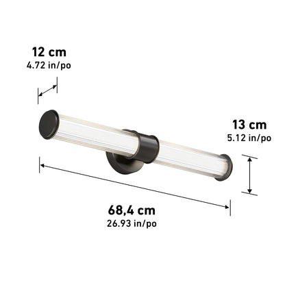 The Artika Kendra LED contemporary bathroom vanity light features a cylindrical, wall-mounted design, measuring 68.4 cm (26.9 in) wide, 13 cm (5.1 in) high, and extends 12 cm (4.7 in) from the wall.
