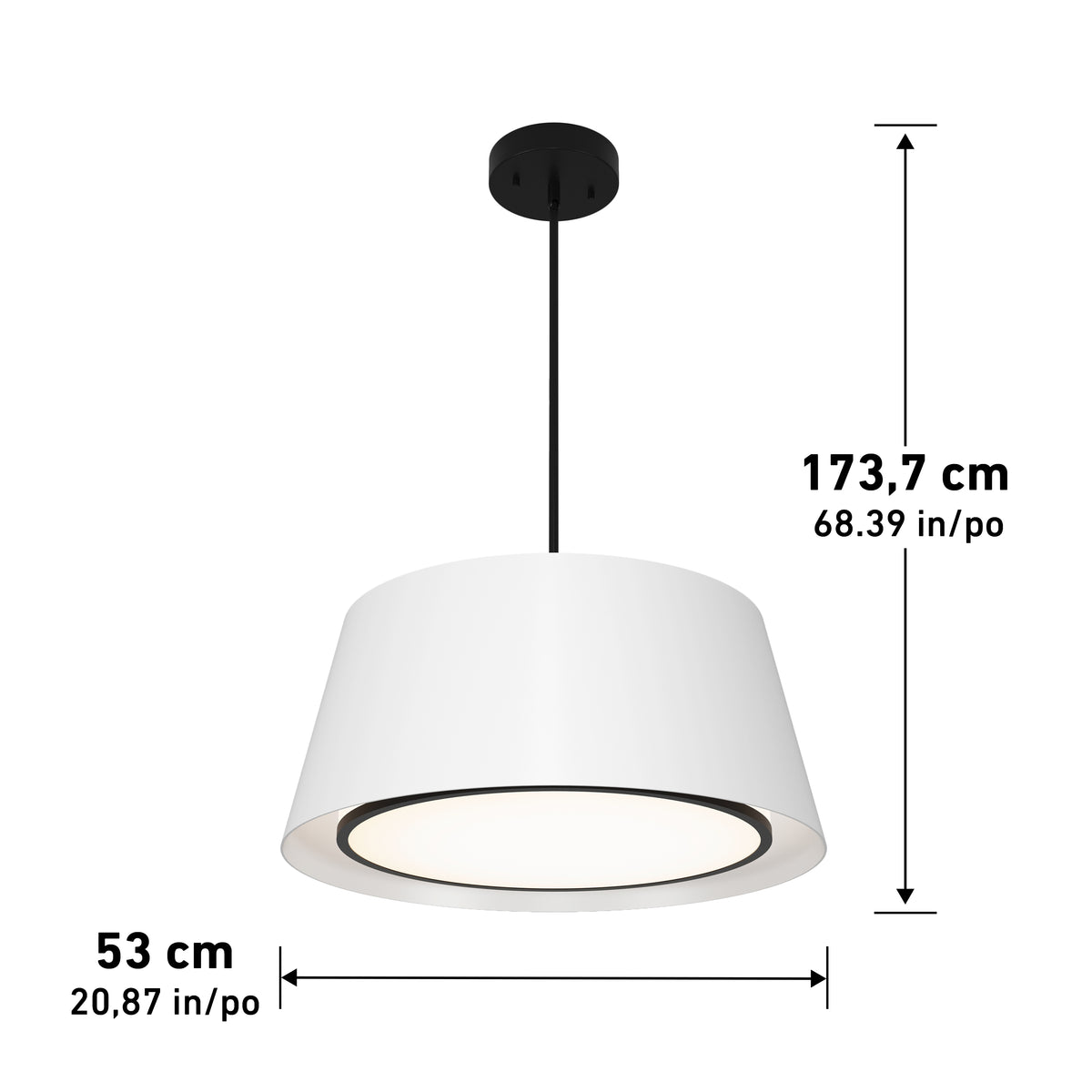 A white pendant ceiling light with a black fixture, shown with dimensions: 173.7 cm (68.39 inches) tall and 53 cm (20.87 inches) wide.