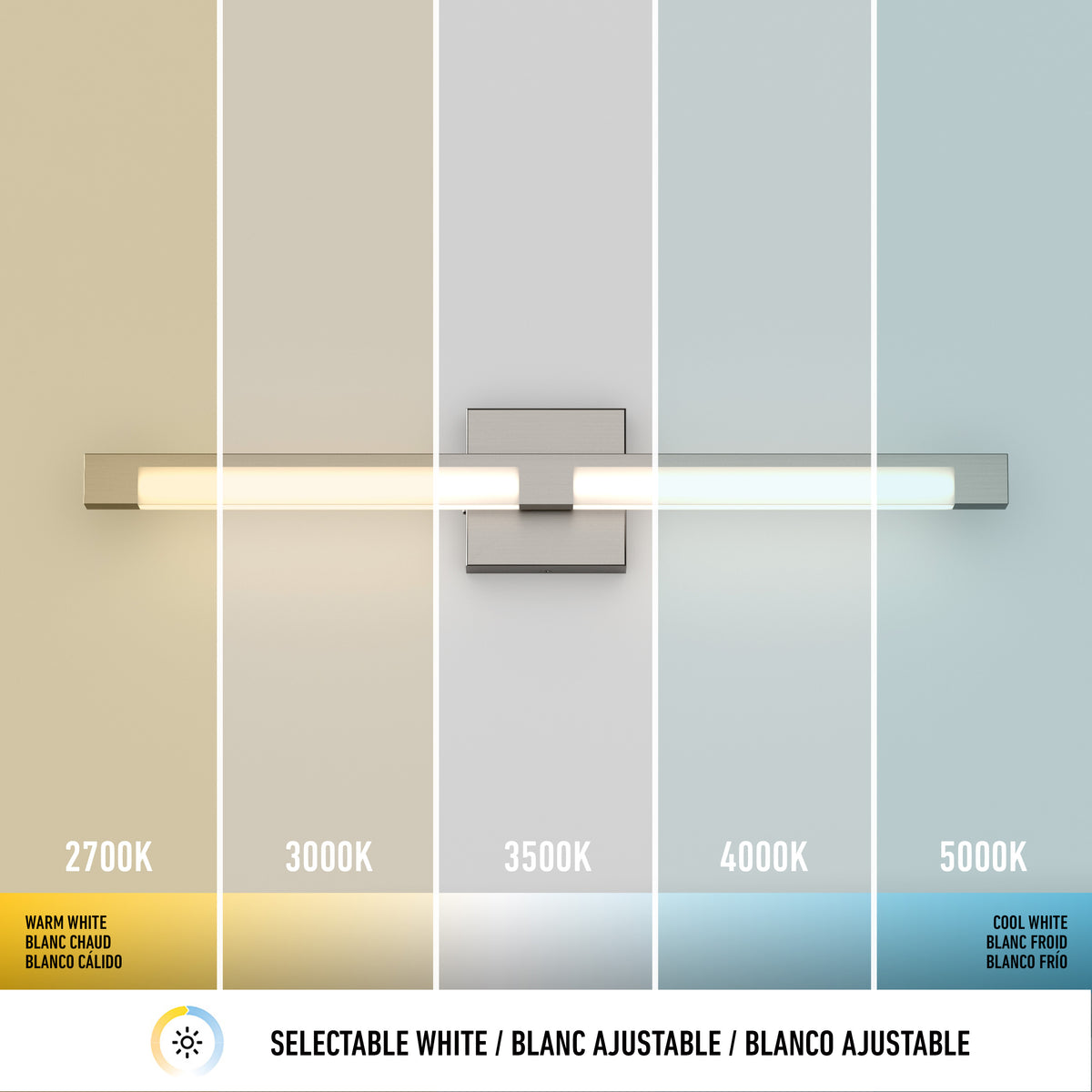 The Artika Tivoli modern LED bathroom vanity light 5 CCT is shown lighting five wall sections, each labeled with varying color temperatures from warm white (2700K) to cool white (5000K), demonstrating its adjustable lighting features.