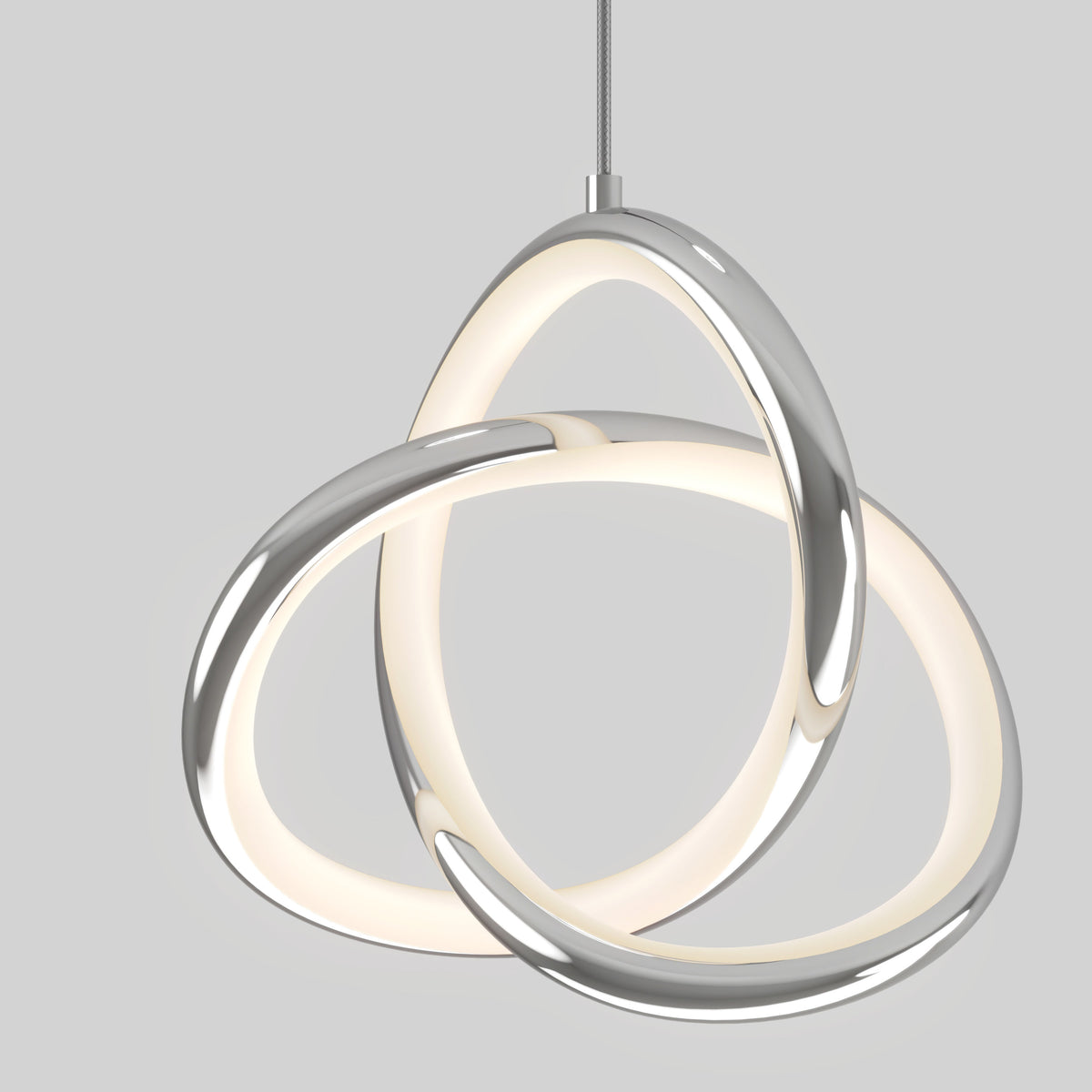 A modern pendant light with three interlocking metallic rings, each lined with a soft white LED glow, suspended from a cord against a plain light gray background.