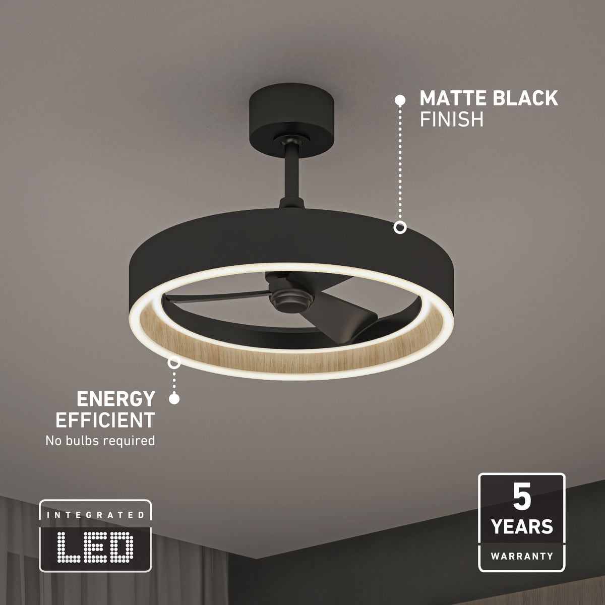 Artika Alton 24″ LED modern fandelier ceiling fan with remote, energy efficient, no bulbs needed, 5-year warranty.