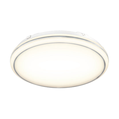 The Artika Emina 13 in. LED flush mount light features a modern round design with a white finish and selectable color temperatures, shown here glowing softly against a white background.