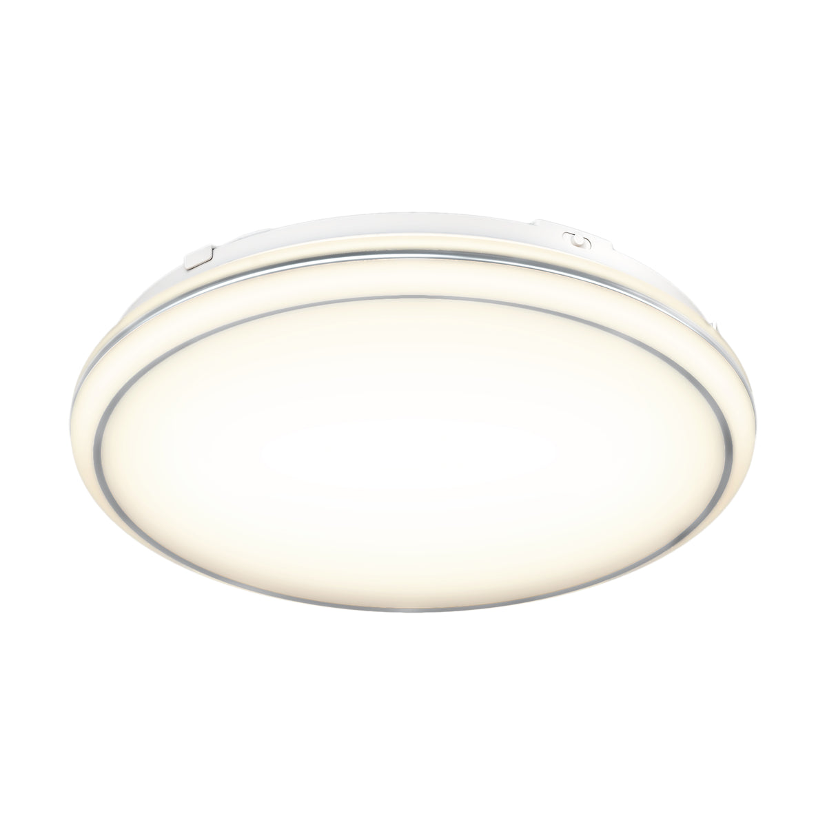 A round, flush-mounted LED ceiling light with a white translucent cover, emitting a bright, even glow.