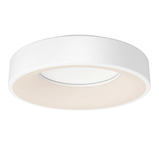 The Artika Aiden LED flush mount is a modern, round white ceiling light with a flat design and central illumination, shown from a low angle against a white background.