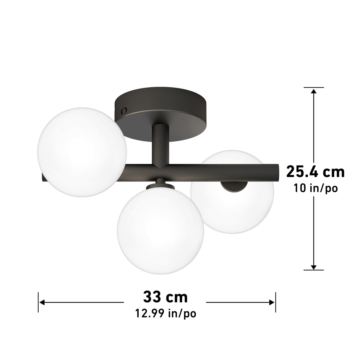 A modern ceiling light fixture with a round black base and three white globe bulbs. Dimensions are labeled: 25.4 cm (10 in) tall and 33 cm (12.99 in) wide.