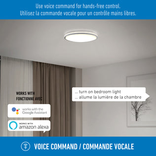 The Artika Macy 15 in. LED RGB Wifi ceiling light works with Google Assistant & Alexa; English/French instructions included.