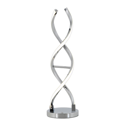 The Artika Swirl LED table lamp features two intertwined chrome arms in a helix design on a round metallic base, emitting soft light along its elegant curves.