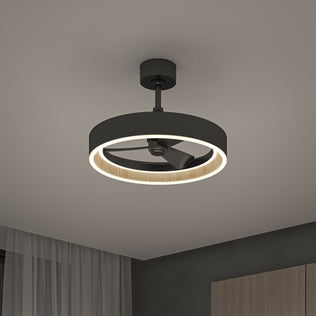The Artika Alton 24 in. LED modern ceiling fan with 3 speeds and remote is mounted on a white ceiling in a contemporary room featuring a window, curtain, and wooden cabinet.