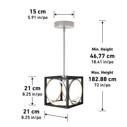 The Artika Astoria LED modern pendant light features a cube-shaped shade, round ceiling mount, and black and gold finish. Adjustable hanging height from 46.77 cm to 182.88 cm allows versatile placement in any space.