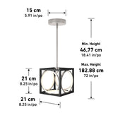 A modern pendant light with a cubic black frame, circular inner design, and metallic fixture. Dimensions: 21 cm (8.25 in) width/depth, 15 cm (5.91 in) top plate, adjustable height 46.77–182.88 cm (18.41–72 in).