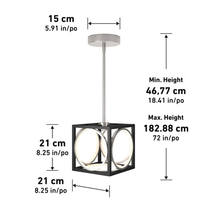 The Astoria LED modern pendant light by Artika features a cubic black frame, circular LED lights, and a silver ceiling mount (21 cm cube; adjustable height 46.77–182.88 cm; 15 cm ceiling mount diameter).