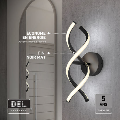 Artika DNA modern LED wall sconce 3 CCT, a matte black spiral LED fixture with 800 lumens, integrated LED, and a 5-year warranty.