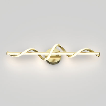The Artika Coda modern LED bathroom vanity light 5 CCT features a gold finish, straight horizontal bar, and two intertwined wavy light tubes on a round backplate, displayed against a light gray background.