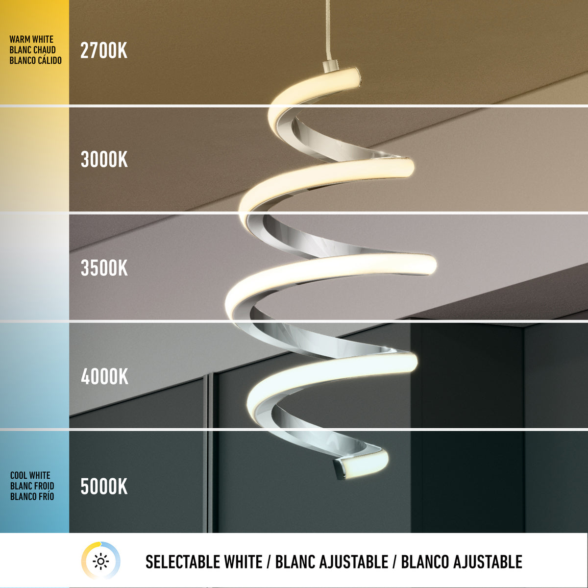 A spiral pendant light hangs from the ceiling, displaying five different white light color temperatures from warm (2700K) at the top to cool (5000K) at the bottom, with labels and a selectable white icon below.
