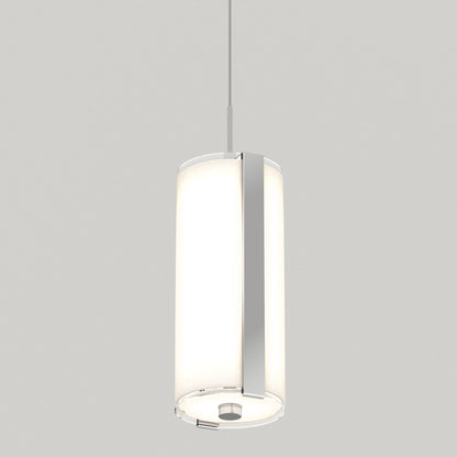 The Artika Subway Round Mini LED pendant light features a modern cylindrical design with a frosted white shade and metallic accents, suspended by a thin cord against a plain light gray background.