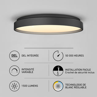 Celestia 15 in. (38 cm) Modern LED Flush Mount Ceiling Light with remote, featuring 50,000-hour life, dimming, easy installation, and 1500 lumens.