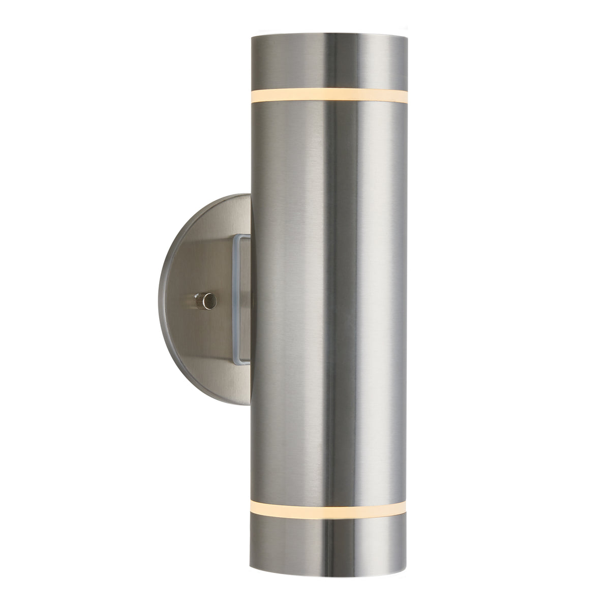 The Artika C7 indoor-outdoor wall light features a modern cylindrical brushed metal design with two thin horizontal light strips and a rustproof build, ideal for any space, and mounts on a round base plate.