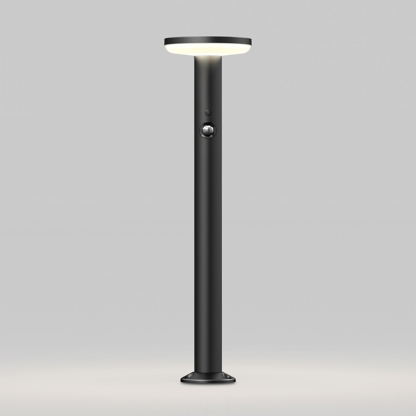 The Artika Urbia Solar LED Bollard features a round lit top, central button, and sleek black design against a plain light background.