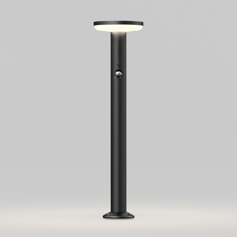 The Artika Urbia Solar LED Bollard features a round lit top, central button, and sleek black design against a plain light background.