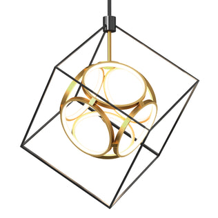 The Artika Luxury LED pendant light features a gold spherical fixture with glowing rings inside a black wireframe cube, suspended from a sleek black cord.