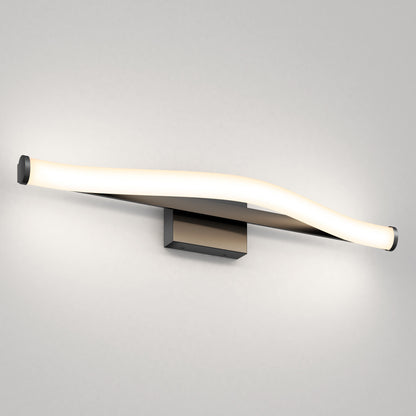 The Artika Arc modern LED bathroom vanity light 5 CCT features a wavy, elongated LED bar on a rectangular base, emitting soft white light—perfect for adding style to plain gray walls.