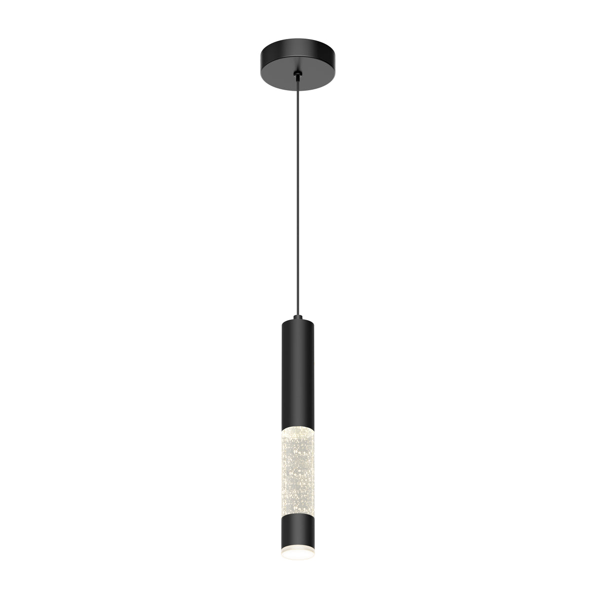 A modern pendant light with a black cylindrical fixture, a thin black cord, and an illuminated textured glass section near the bottom, suspended from a circular black ceiling mount.