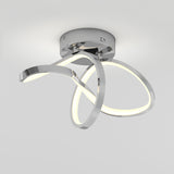 A modern ceiling light fixture with intertwined, curved chrome arms featuring integrated LED strips, mounted on a round chrome base against a plain white background.