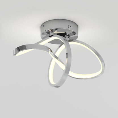 A modern ceiling light fixture with intertwined, curved chrome arms featuring integrated LED strips, mounted on a round chrome base against a plain white background.
