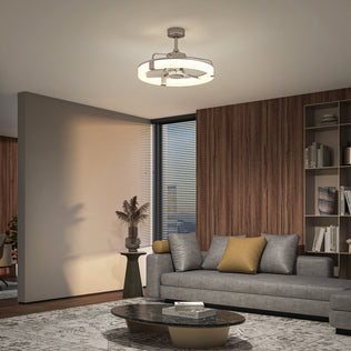 Modern living room with gray sofa, wood walls, bookshelves, round table, and Artika Sunnyvale 23" LED fandelier with remote.