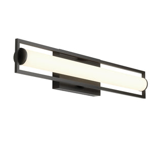 The Artika Rialto modern LED bathroom vanity light 3 CCT features a sleek rectangular black frame, horizontal cylindrical frosted glass shade, and offers customizable dimmable white lighting for the perfect ambiance.