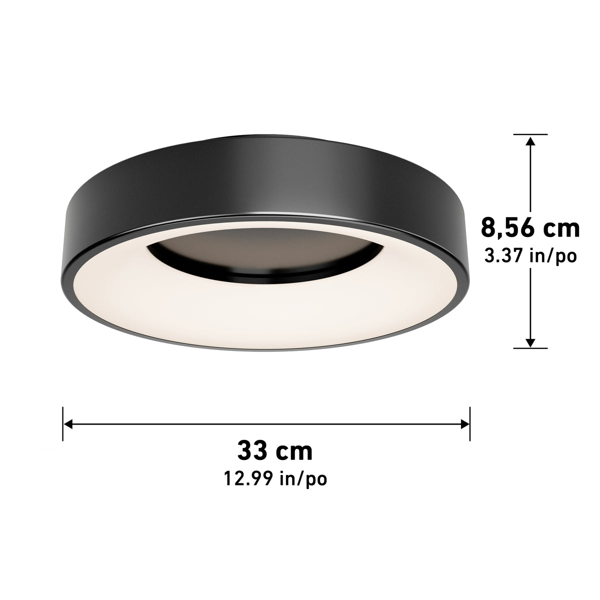 The Artika Aiden LED flush mount is a round, modern black ceiling light (33 cm/12.99 in diameter, 8.56 cm/3.37 in height) with a white illuminated surface, shown with measurement arrows.