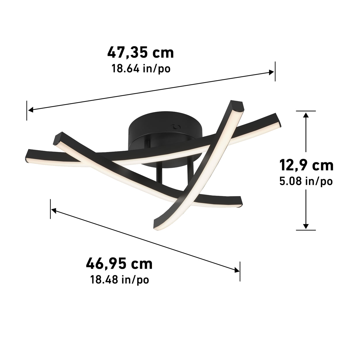 Modern black ceiling light fixture with three intersecting LED bars. Dimensions are 47.35 cm (18.64 in) wide, 46.95 cm (18.48 in) deep, and 12.9 cm (5.08 in) high. Measurements are labeled with arrows.