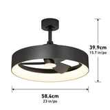 Modern black ceiling fan with an integrated circular LED light. The fan measures 58.4 cm (23 in) wide and 39.9 cm (15.7 in) tall. Measurement lines and labels highlight the dimensions.