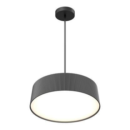 The Artika Groove Drum LED contemporary pendant light features a modern black design with a wide, ribbed circular shade, glowing white underside, and adjustable thin rod suspension from a round ceiling mount.